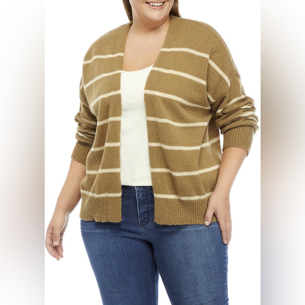 Tru Self Womens Striped Open‎ Front Cardigan Sweater Camel Oatmeal 0X 2GTMEVBG
